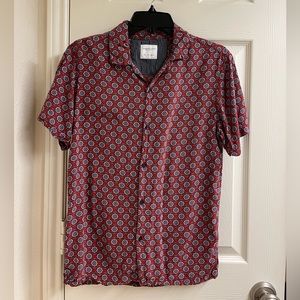 Denim & flower red blue floral button down short sleeve collar shirt